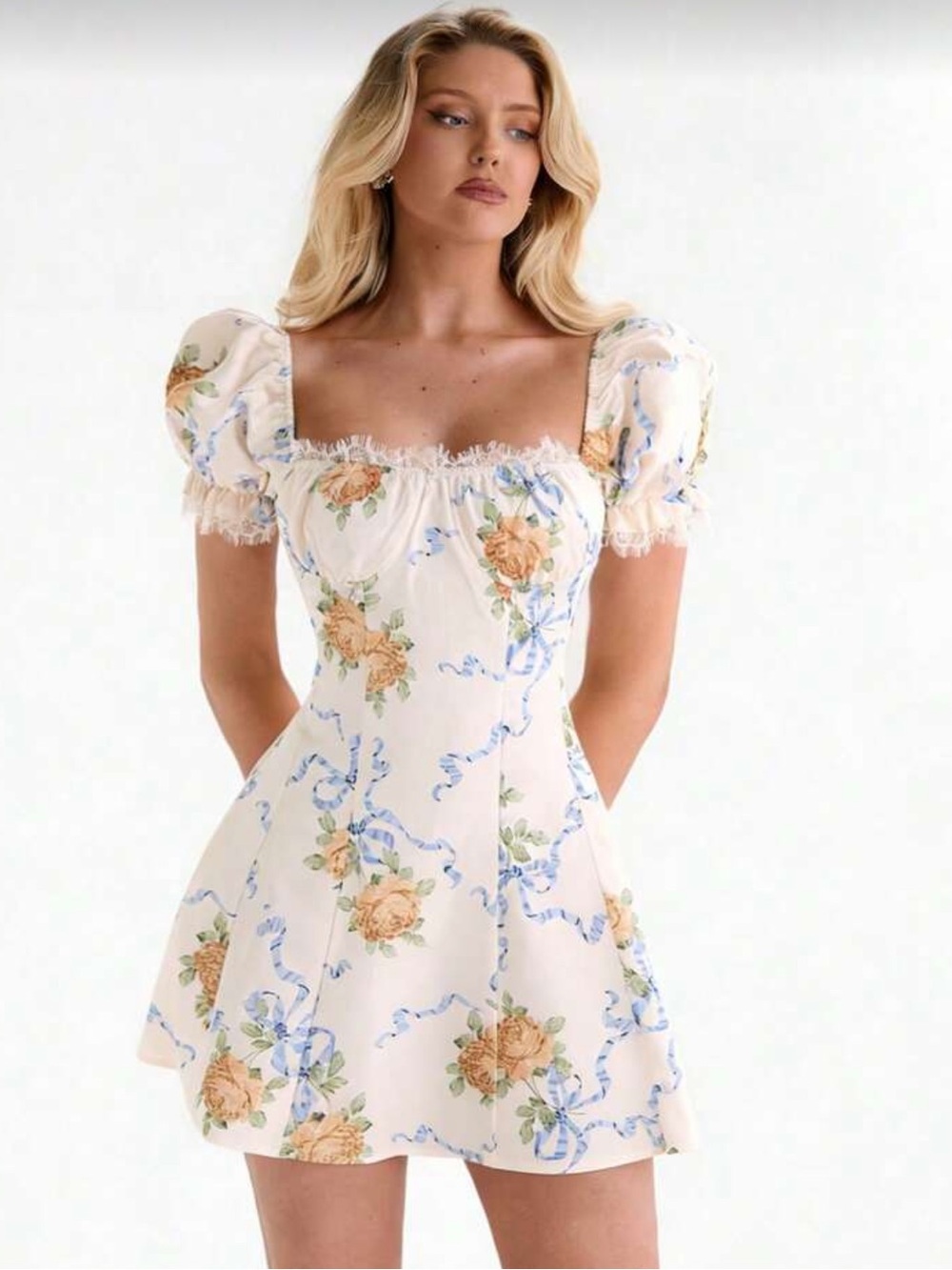 Floral Puff-Sleeve Mini Dress in Cream